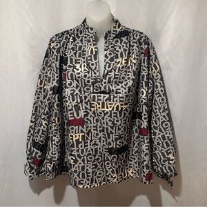 Vintage 70s Graphic Letter Print Poet Sleeve Blouse Mandarin Collar V Neck Sz L